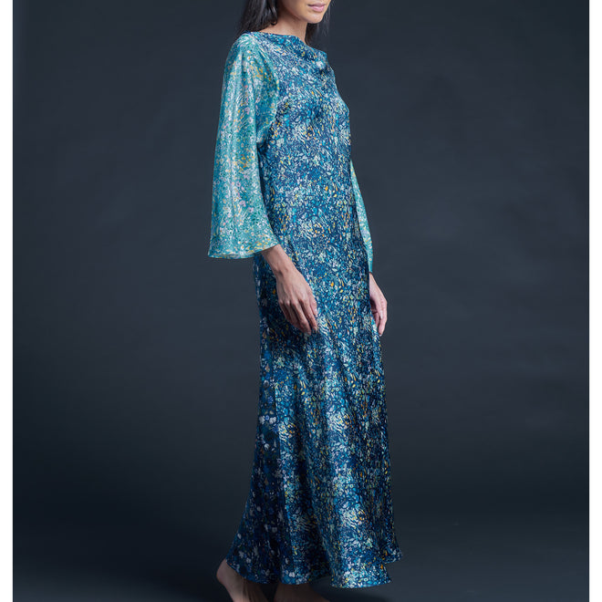 Serafina Blue Felda Liberty Print Silk Satin Boatneck Dress