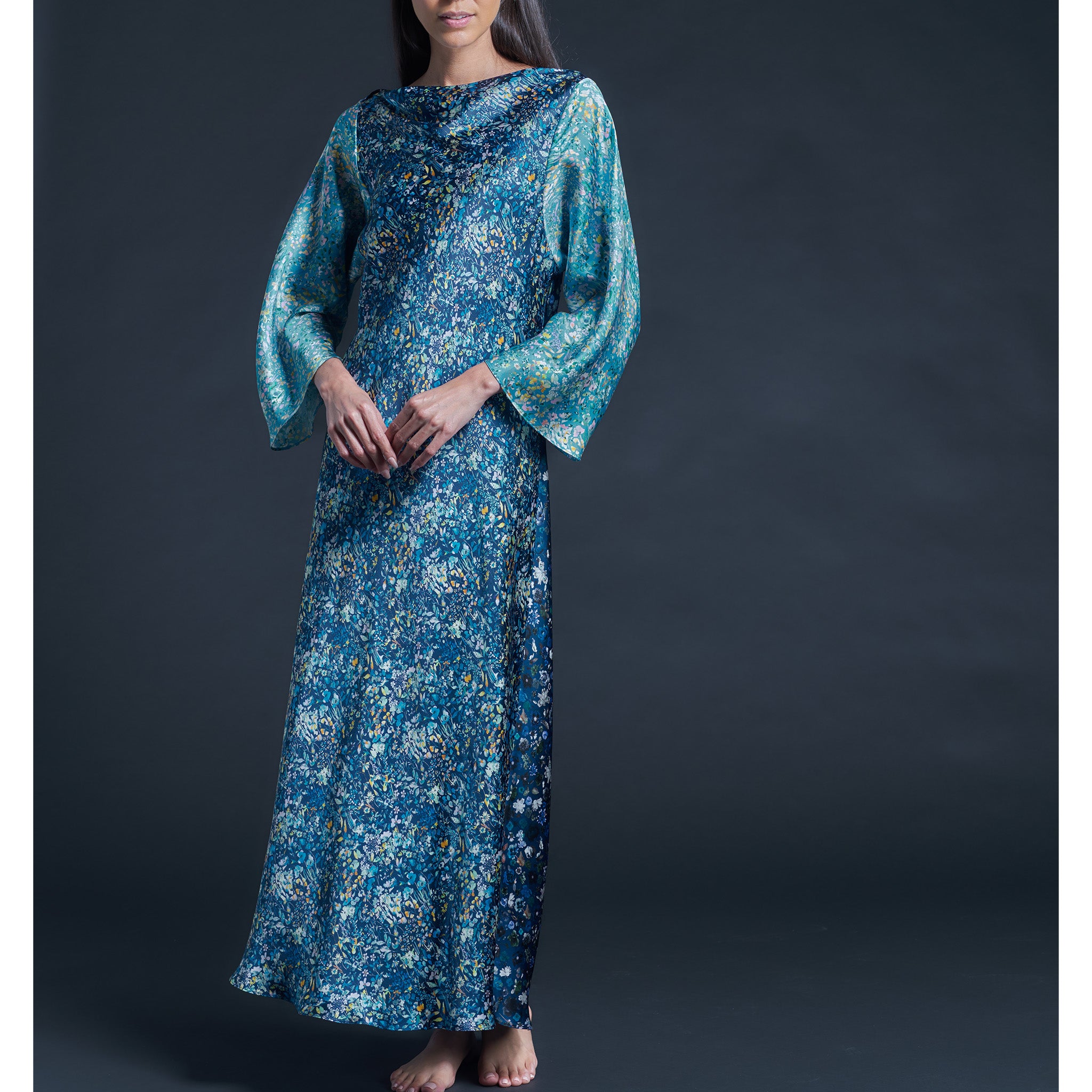 Serafina Blue Felda Liberty Print Silk Satin Boatneck Dress