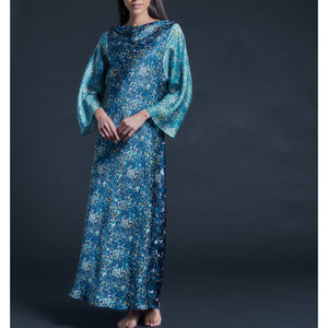 Serafina Blue Felda Liberty Print Silk Satin Boatneck Dress