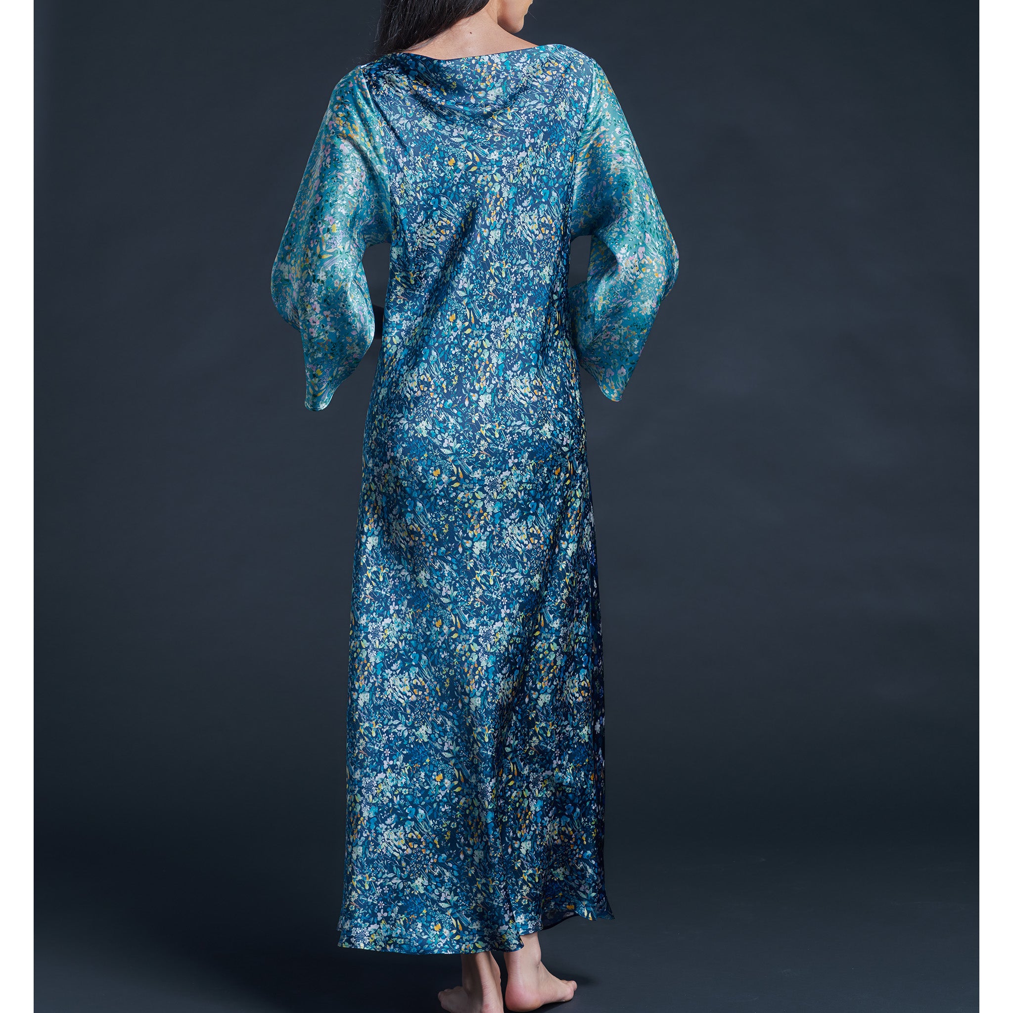 Serafina Blue Felda Liberty Print Silk Satin Boatneck Dress