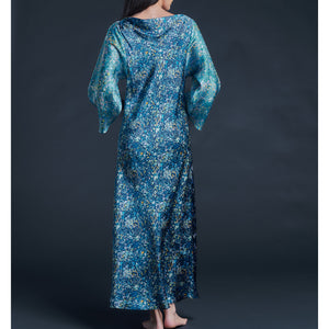 Serafina Blue Felda Liberty Print Silk Satin Boatneck Dress