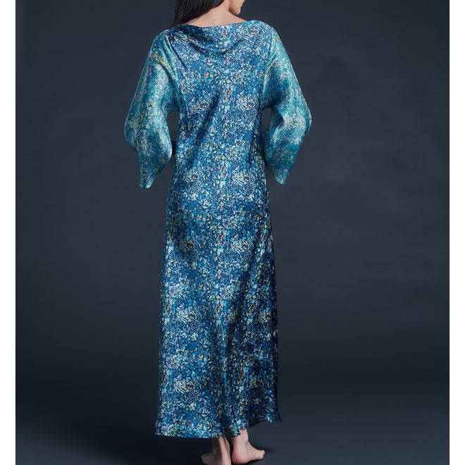 Serafina Blue Felda Liberty Print Silk Satin Boatneck Dress