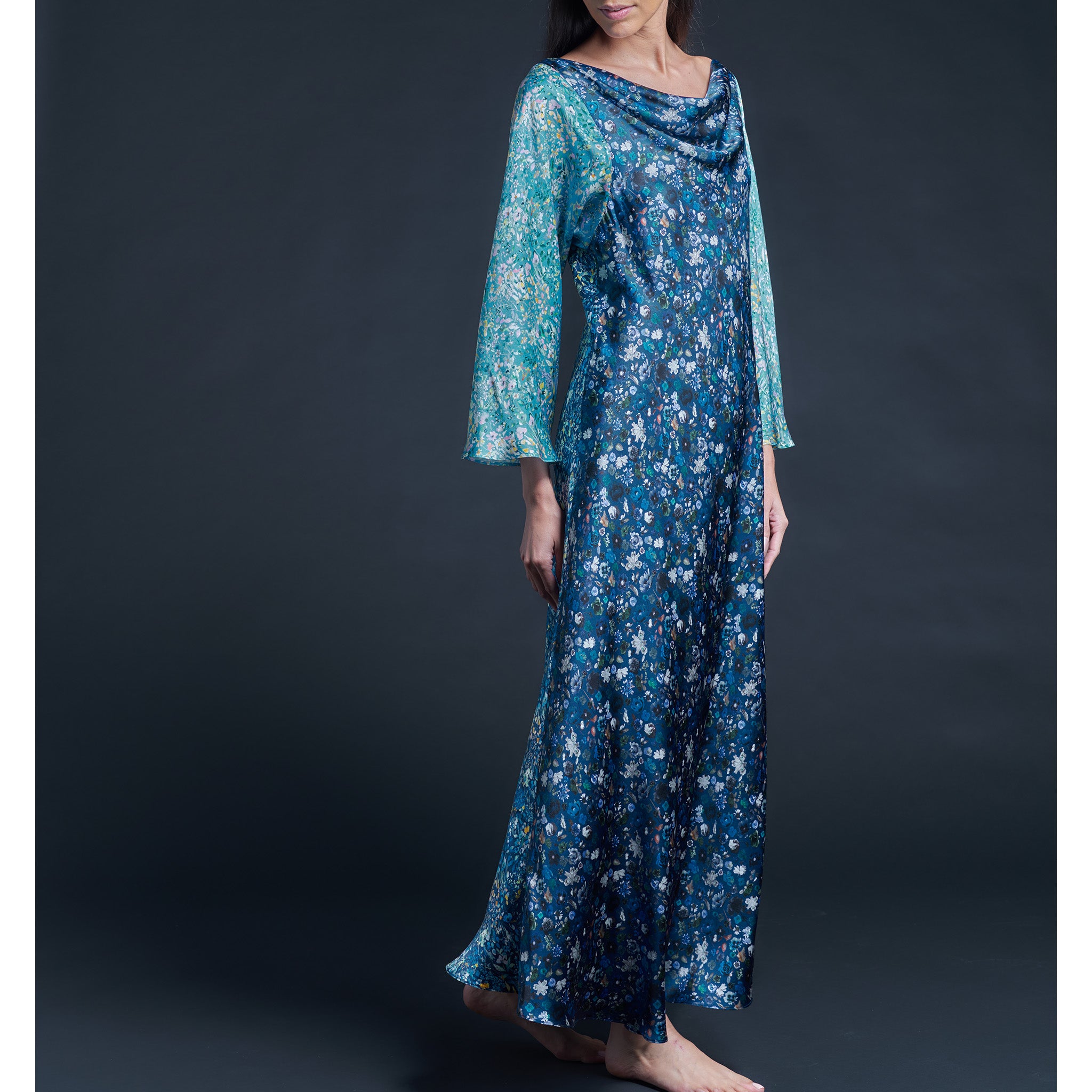 Serafina Blue Felda Liberty Print Silk Satin Boatneck Dress