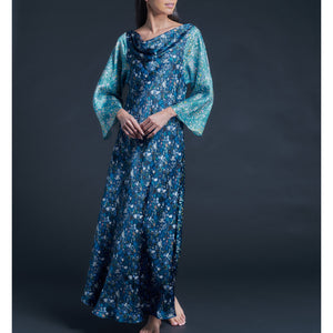 Serafina Blue Felda Liberty Print Silk Satin Boatneck Dress