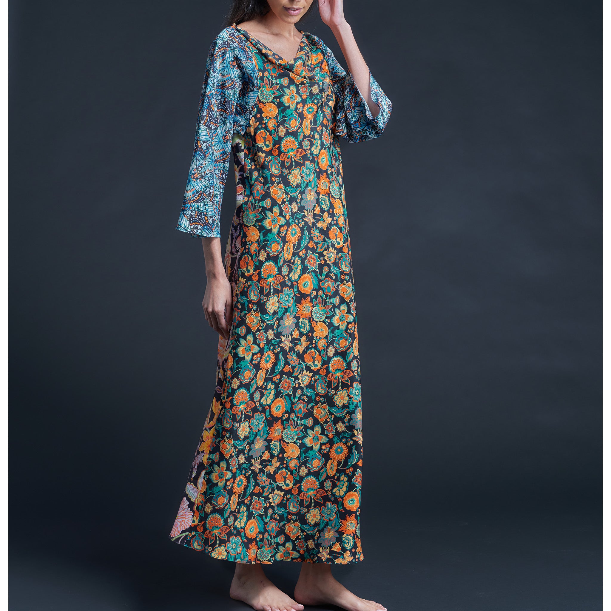 Serafina Garden of Kensington Liberty Print Silk Crepe de Chine Boatneck Dress