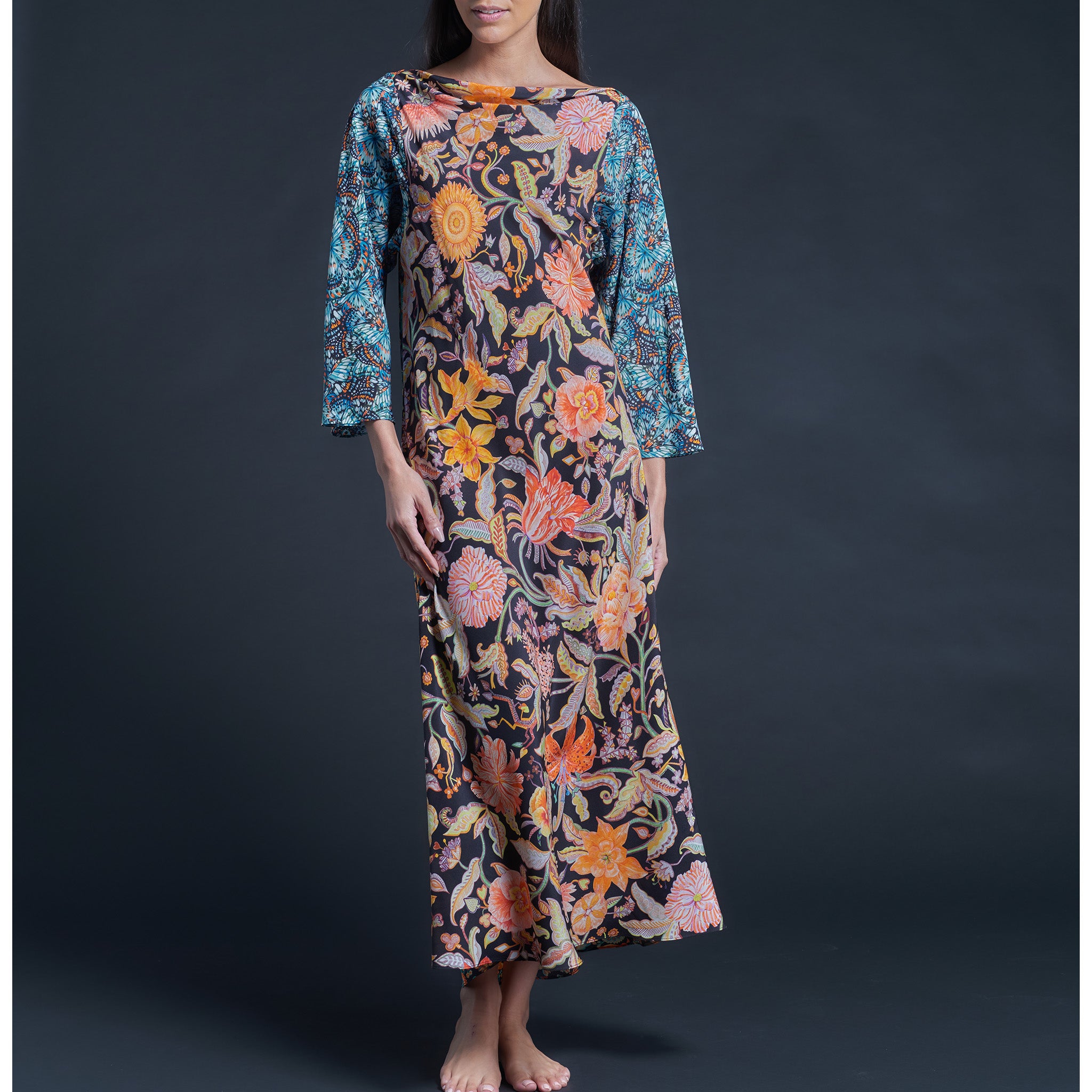 Serafina Garden of Kensington Liberty Print Silk Crepe de Chine Boatneck Dress