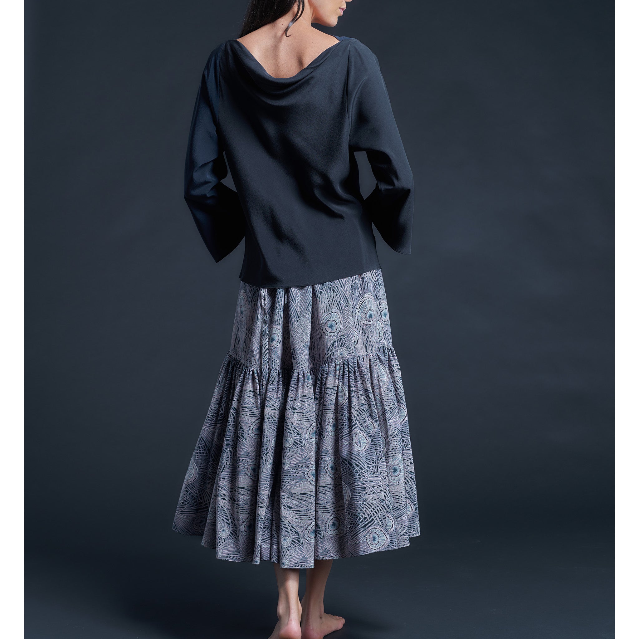 Longer Brigitte Ruffle Skirt in Grey Royal Hera Liberty Print Silk Crepe de Chine
