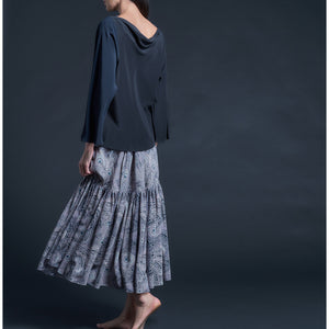 Serafina Solid Silk Crepe de Chine Blouse in Sapphire/Black