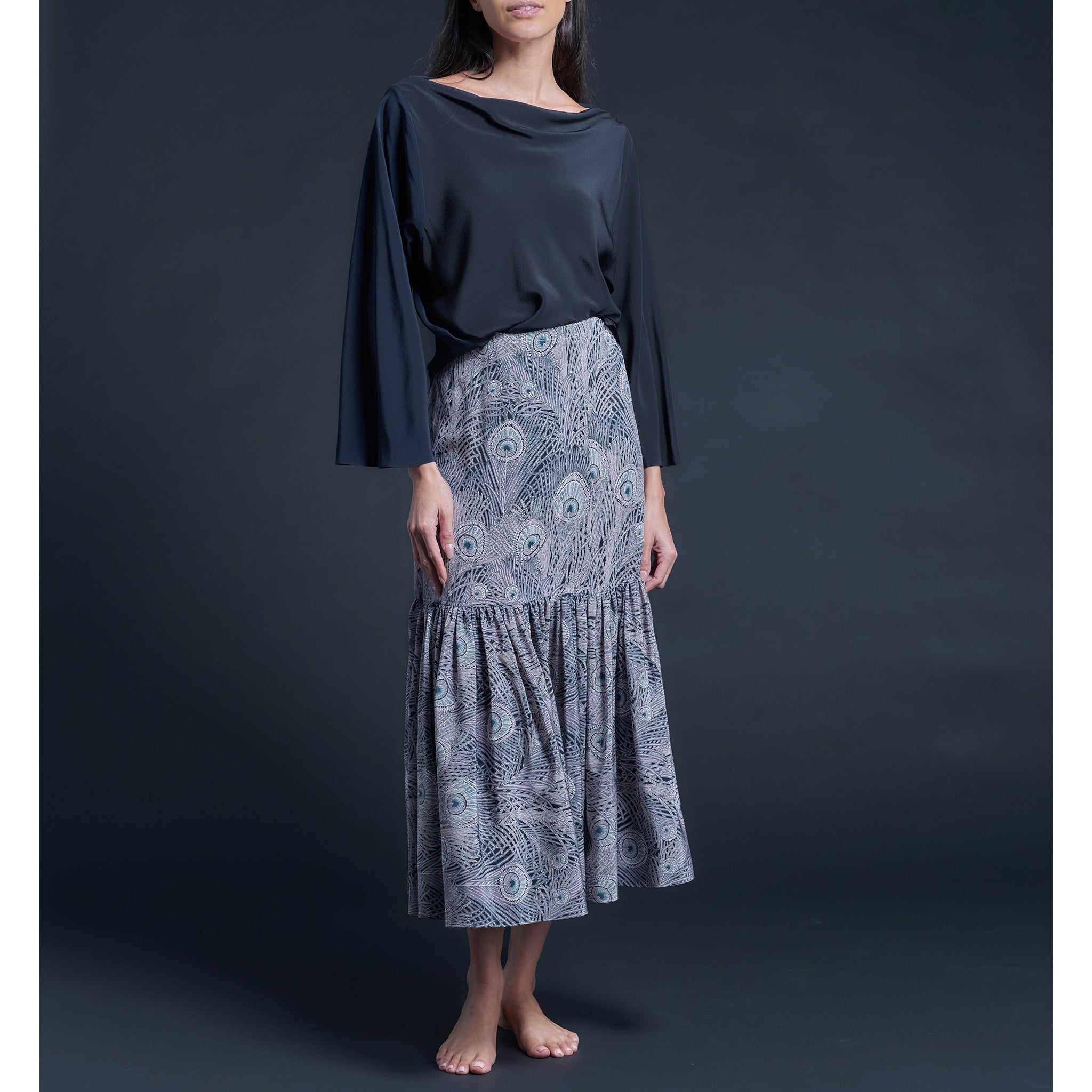 Serafina Solid Silk Crepe de Chine Blouse in Sapphire/Black