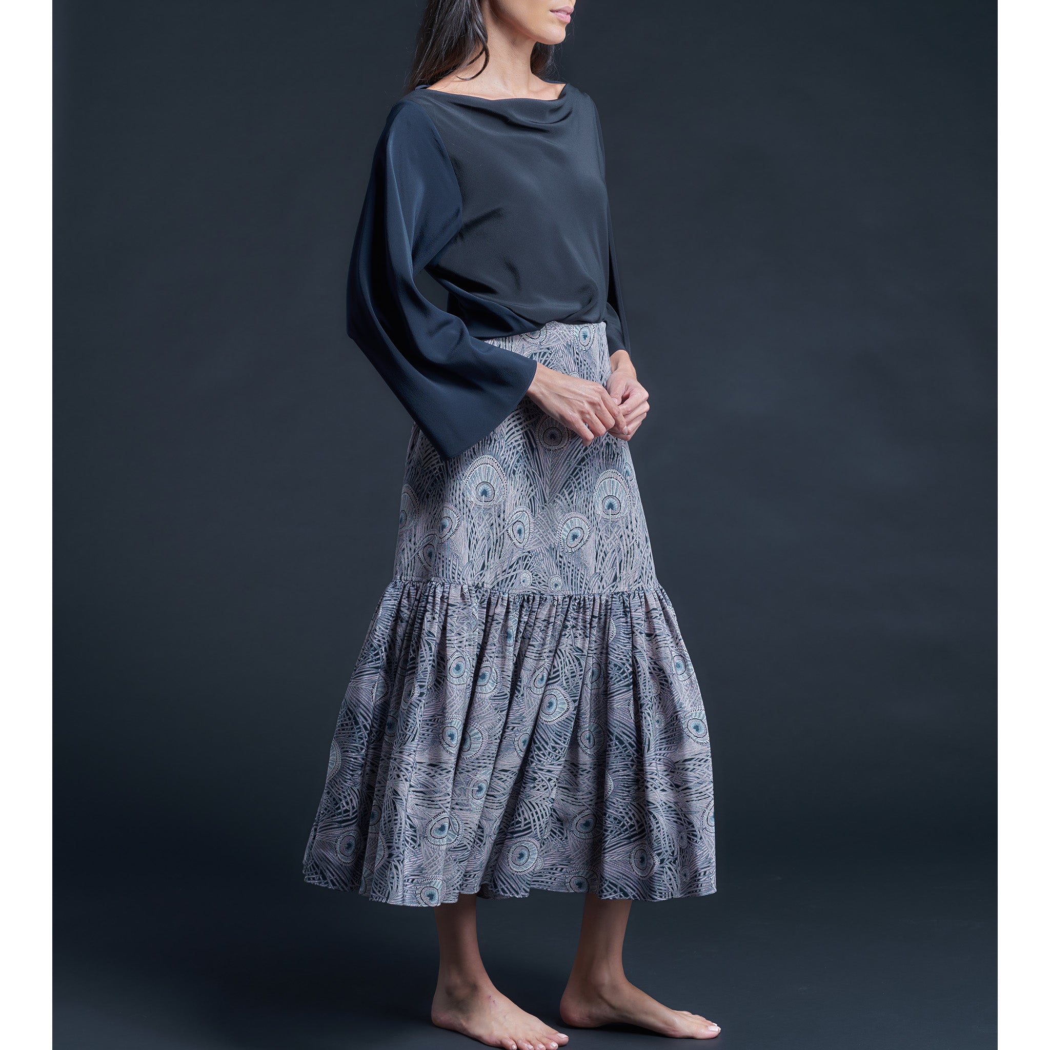 Serafina Solid Silk Crepe de Chine Blouse in Sapphire/Black