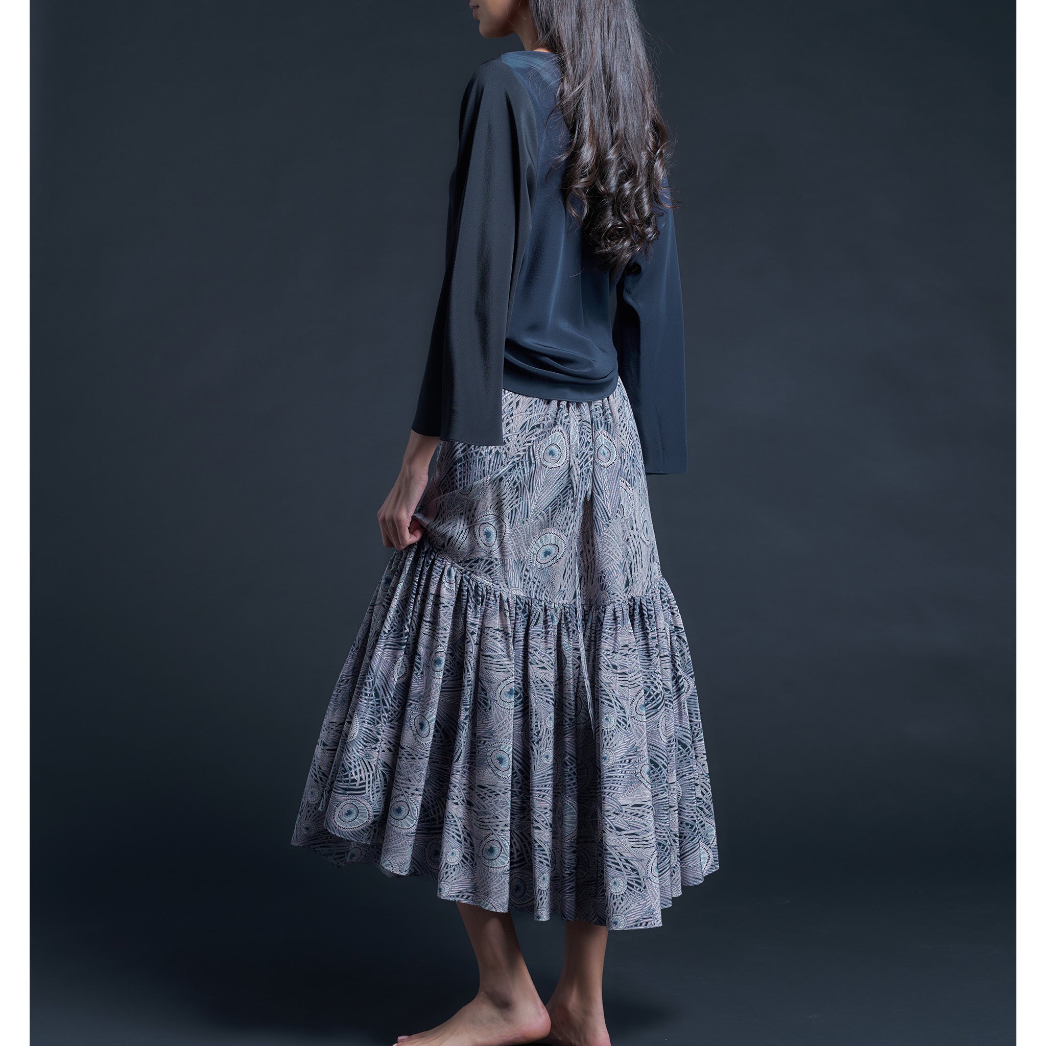 Longer Brigitte Ruffle Skirt in Grey Royal Hera Liberty Print Silk Crepe de Chine