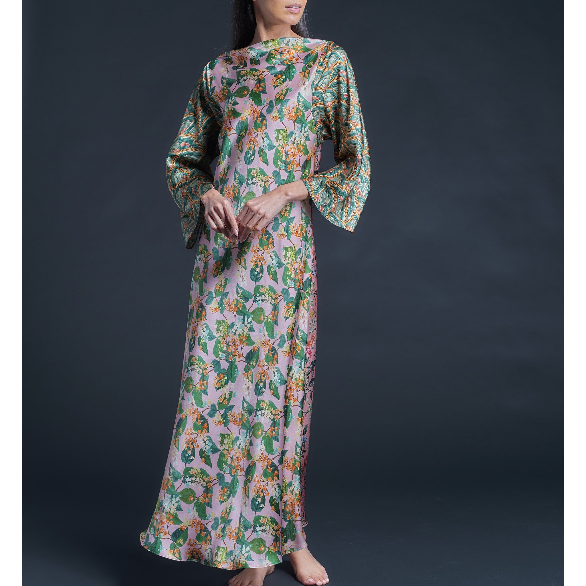Serafina Pink Lockwood Liberty Print Silk Satin Boatneck Dress