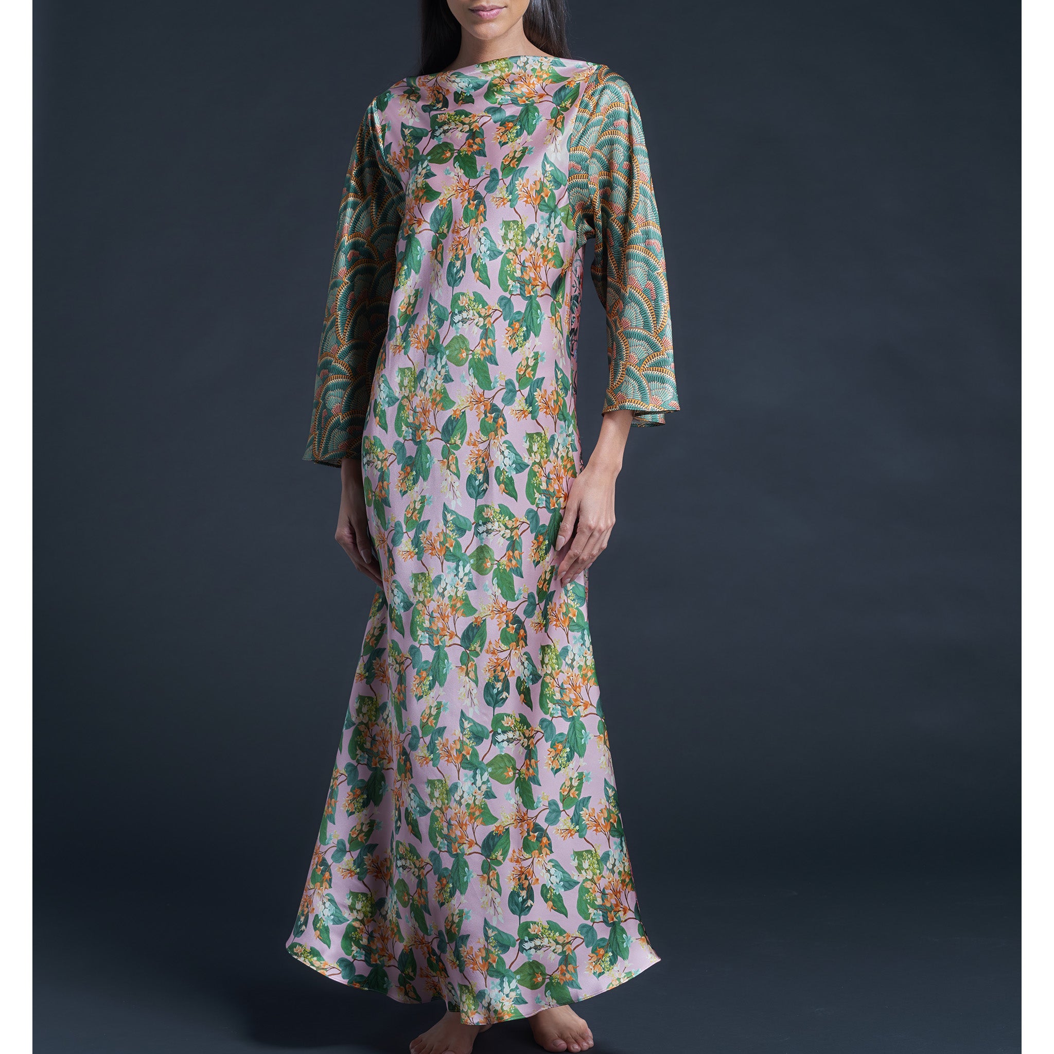Serafina Pink Lockwood Liberty Print Silk Satin Boatneck Dress