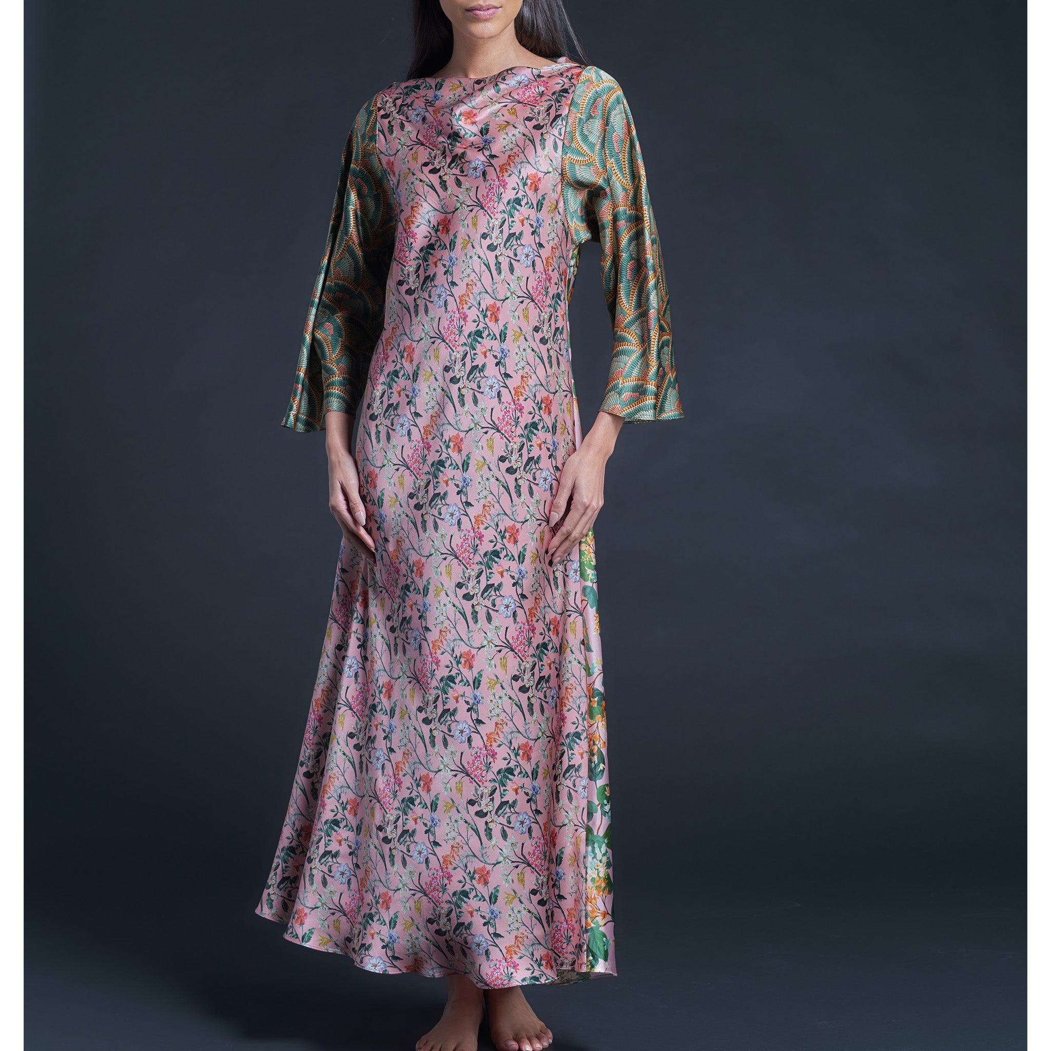 Serafina Pink Lockwood Liberty Print Silk Satin Boatneck Dress