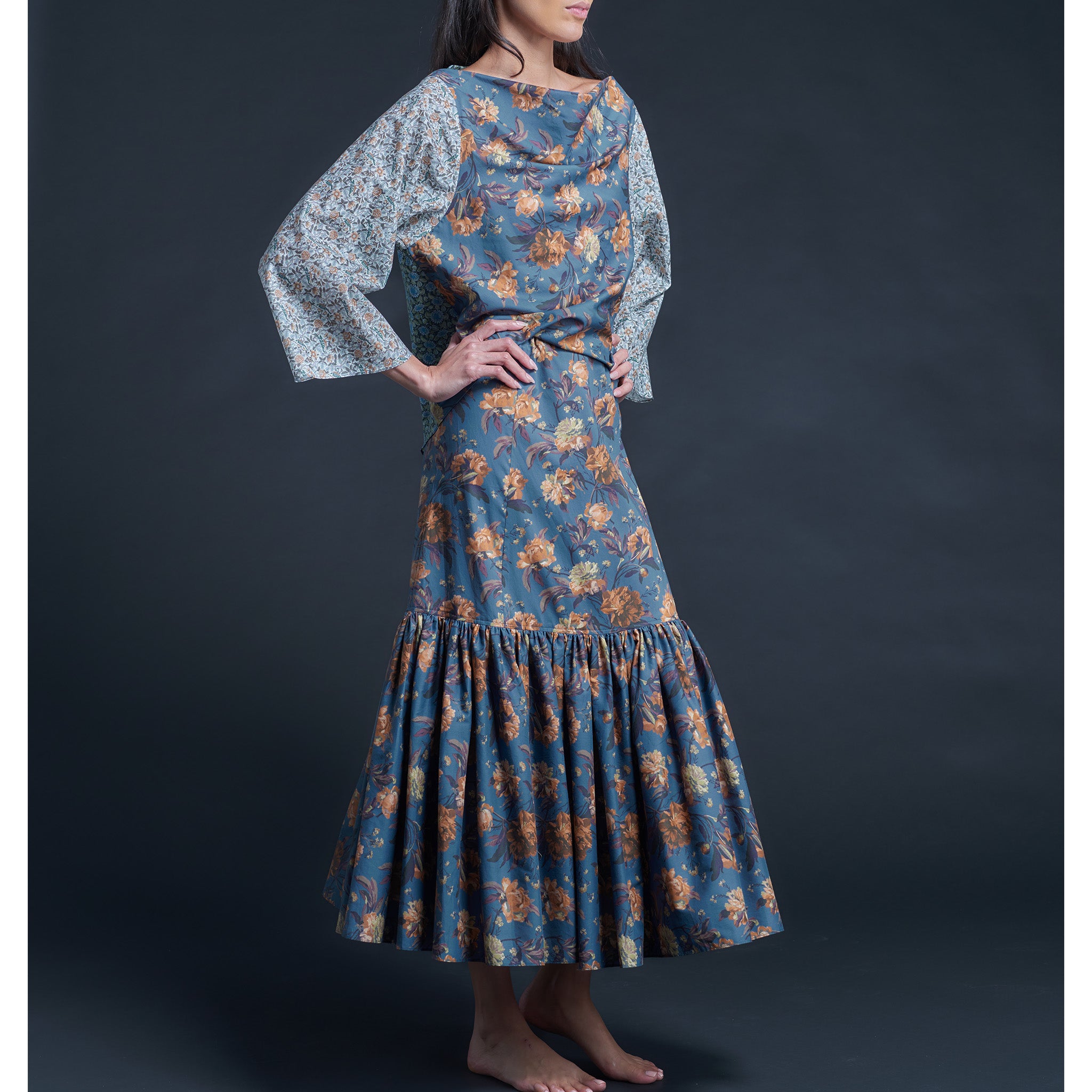 Longer Brigitte Ruffle Skirt in Liberty Print Cotton Tana Lawn - Blue Decadent Blooms