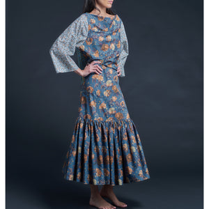 Longer Brigitte Ruffle Skirt in Liberty Print Cotton Tana Lawn - Blue Decadent Blooms