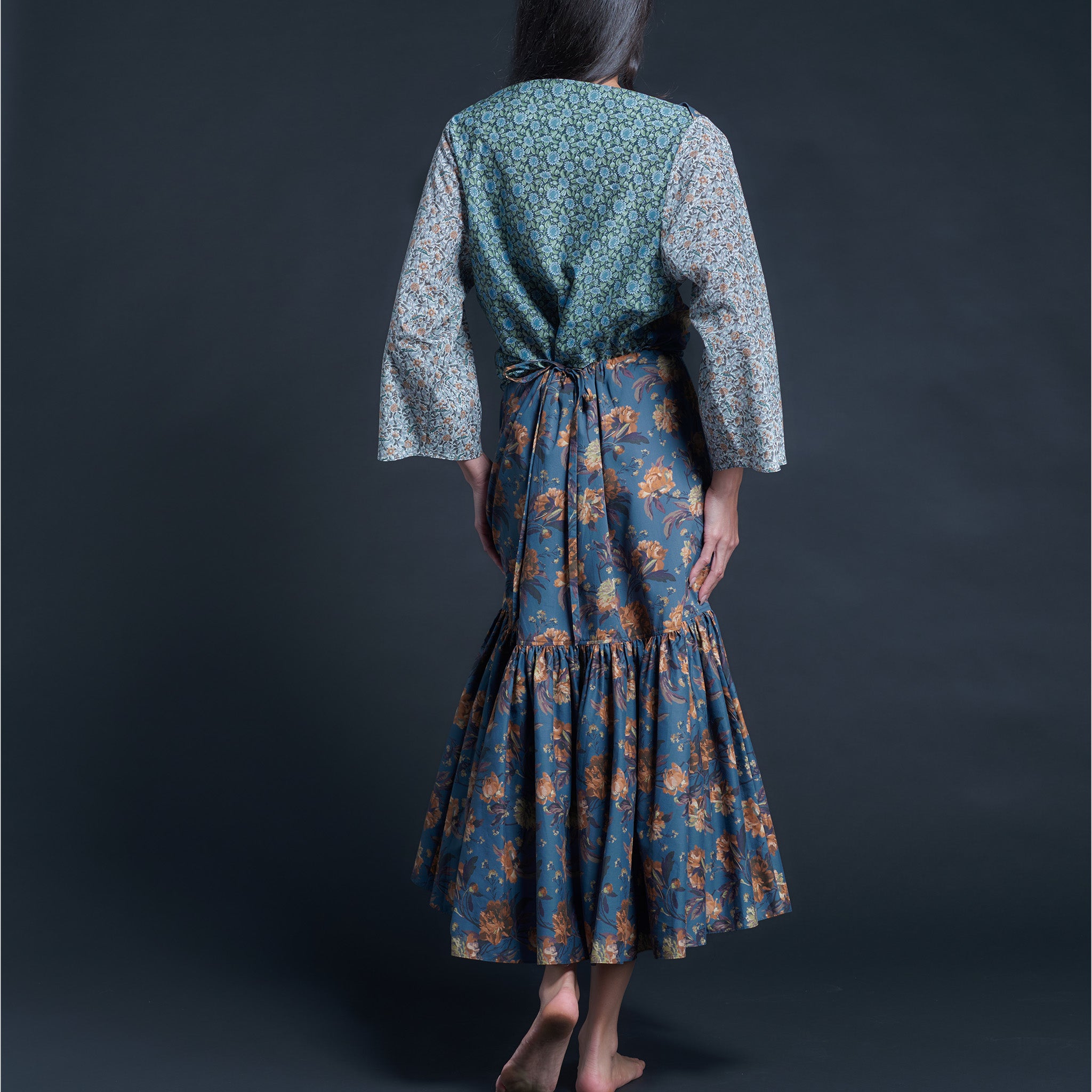 Longer Brigitte Ruffle Skirt in Liberty Print Cotton Tana Lawn - Blue Decadent Blooms