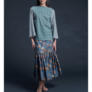 Longer Brigitte Ruffle Skirt in Liberty Print Cotton Tana Lawn - Blue Decadent Blooms