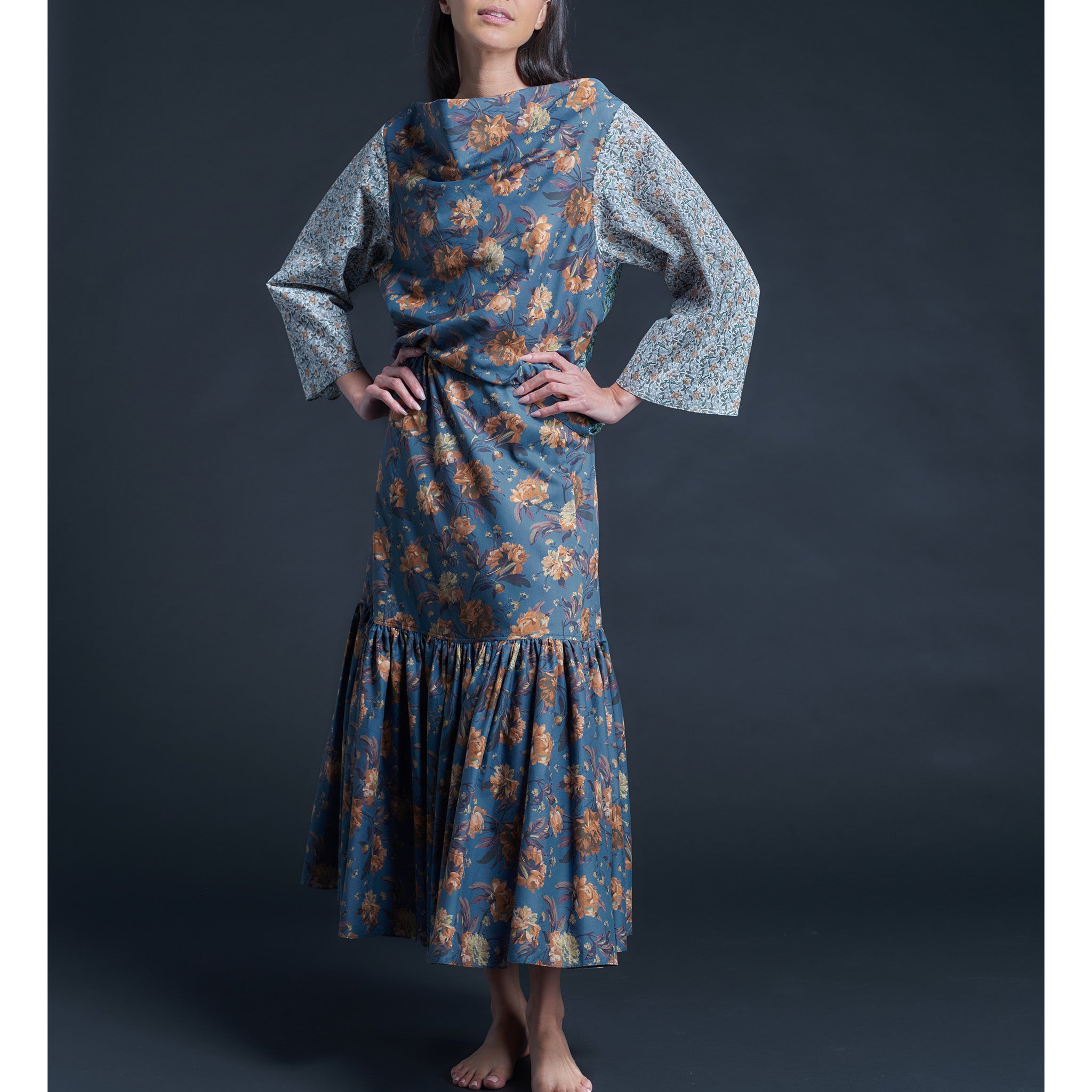 Longer Brigitte Ruffle Skirt in Liberty Print Cotton Tana Lawn - Blue Decadent Blooms