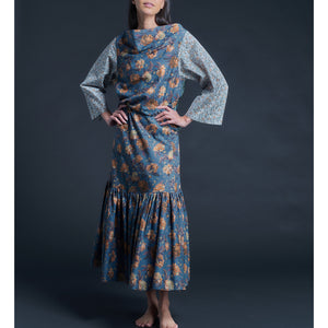 Longer Brigitte Ruffle Skirt in Liberty Print Cotton Tana Lawn - Blue Decadent Blooms