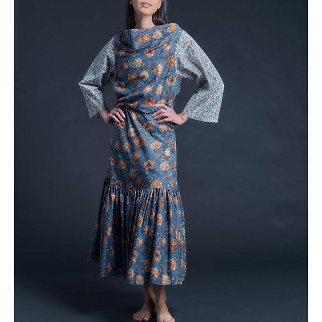 Longer Brigitte Ruffle Skirt in Liberty Print Cotton Tana Lawn - Blue Decadent Blooms
