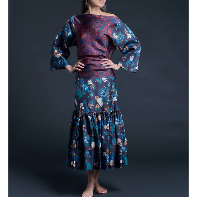 Longer Brigitte Ruffle Skirt in Valley of Nysa Liberty Print Silk Twill