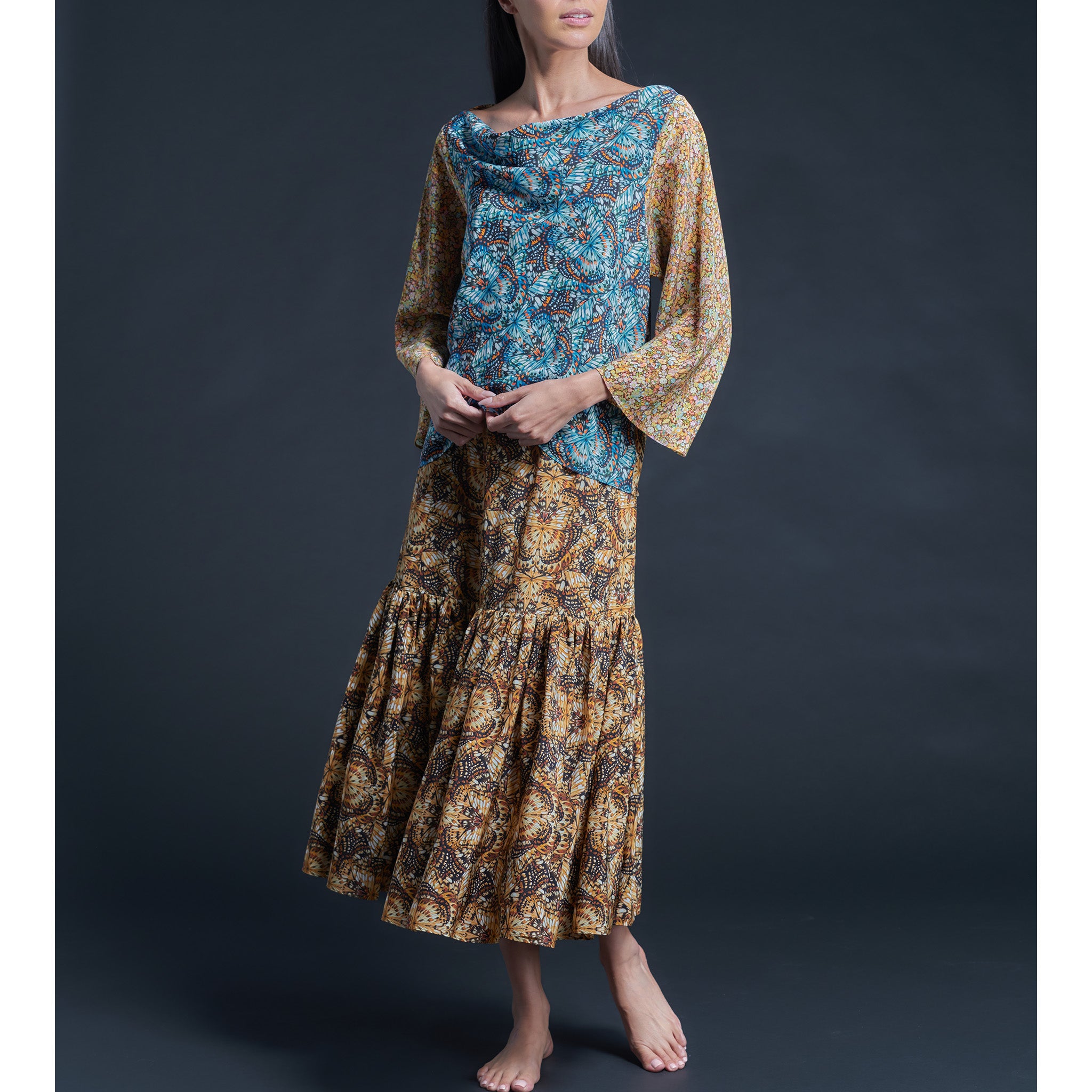 Longer Brigitte Ruffle Skirt in Golden Kaleidoscope Liberty Print Silk Crepe de Chine