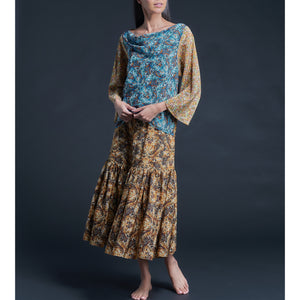 Longer Brigitte Ruffle Skirt in Golden Kaleidoscope Liberty Print Silk Crepe de Chine