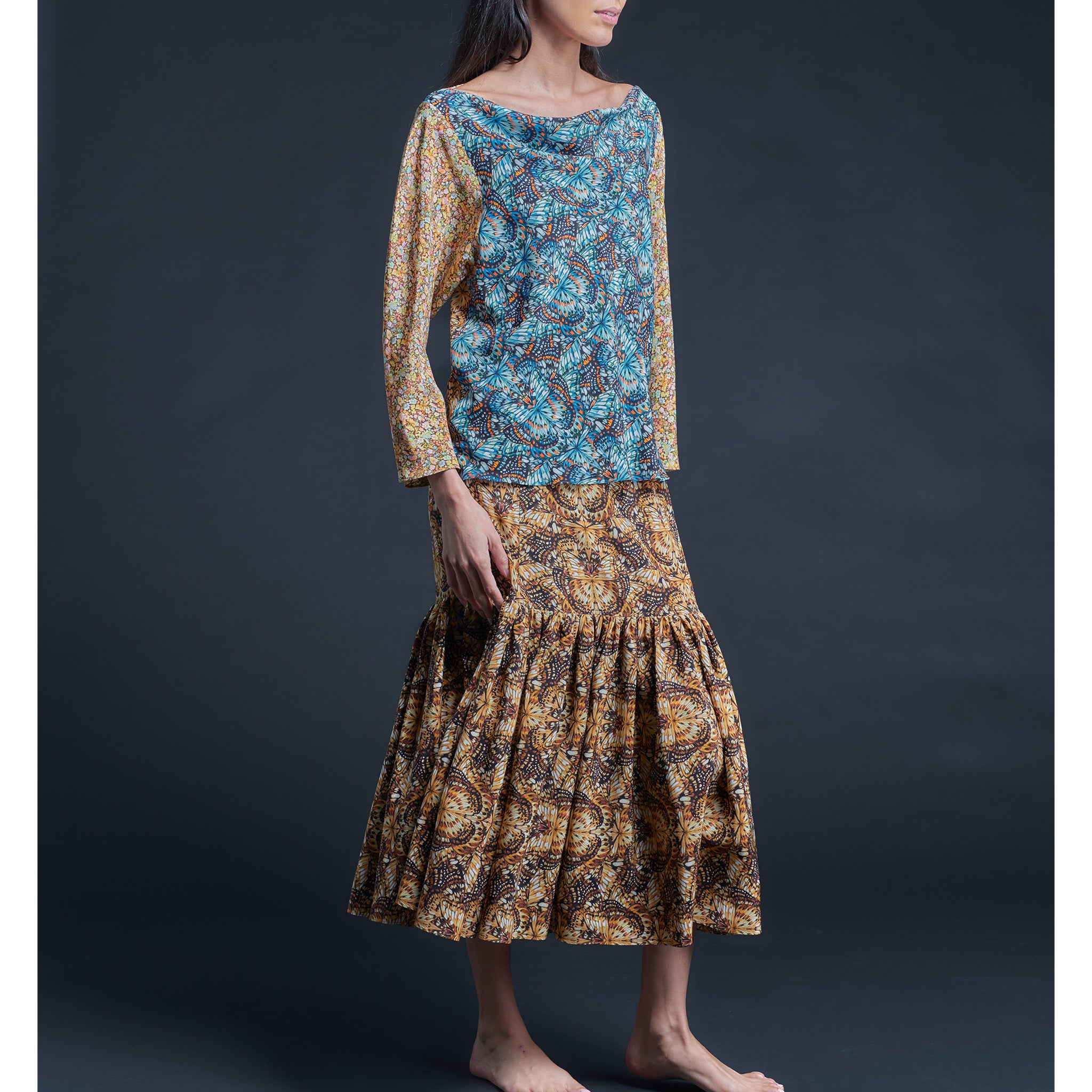 Longer Brigitte Ruffle Skirt in Golden Kaleidoscope Liberty Print Silk Crepe de Chine