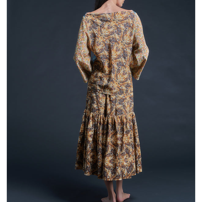 Longer Brigitte Ruffle Skirt in Golden Kaleidoscope Liberty Print Silk Crepe de Chine