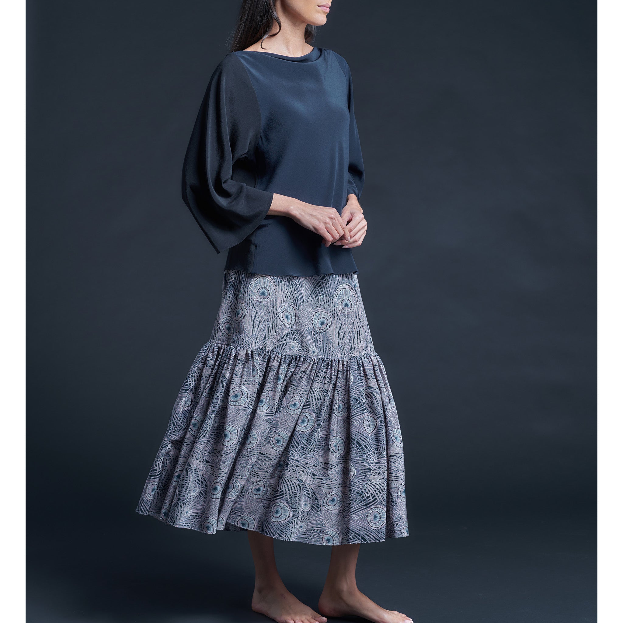 Serafina Solid Silk Crepe de Chine Blouse in Sapphire/Black