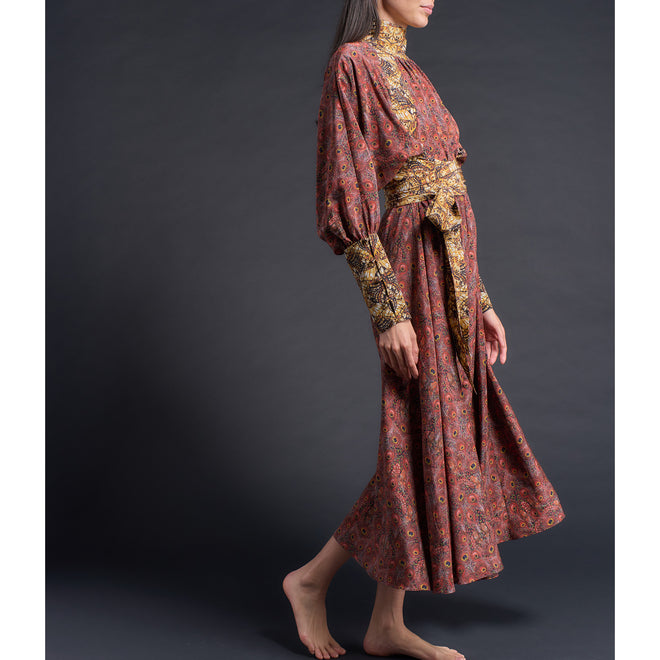 Victoria Open Backed Dress in Peacock Liberty Print Silk Crepe de Chine