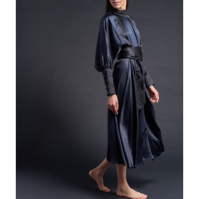 Victoria Open Backed Dress in Sapphire / Black Silk Charmeuse