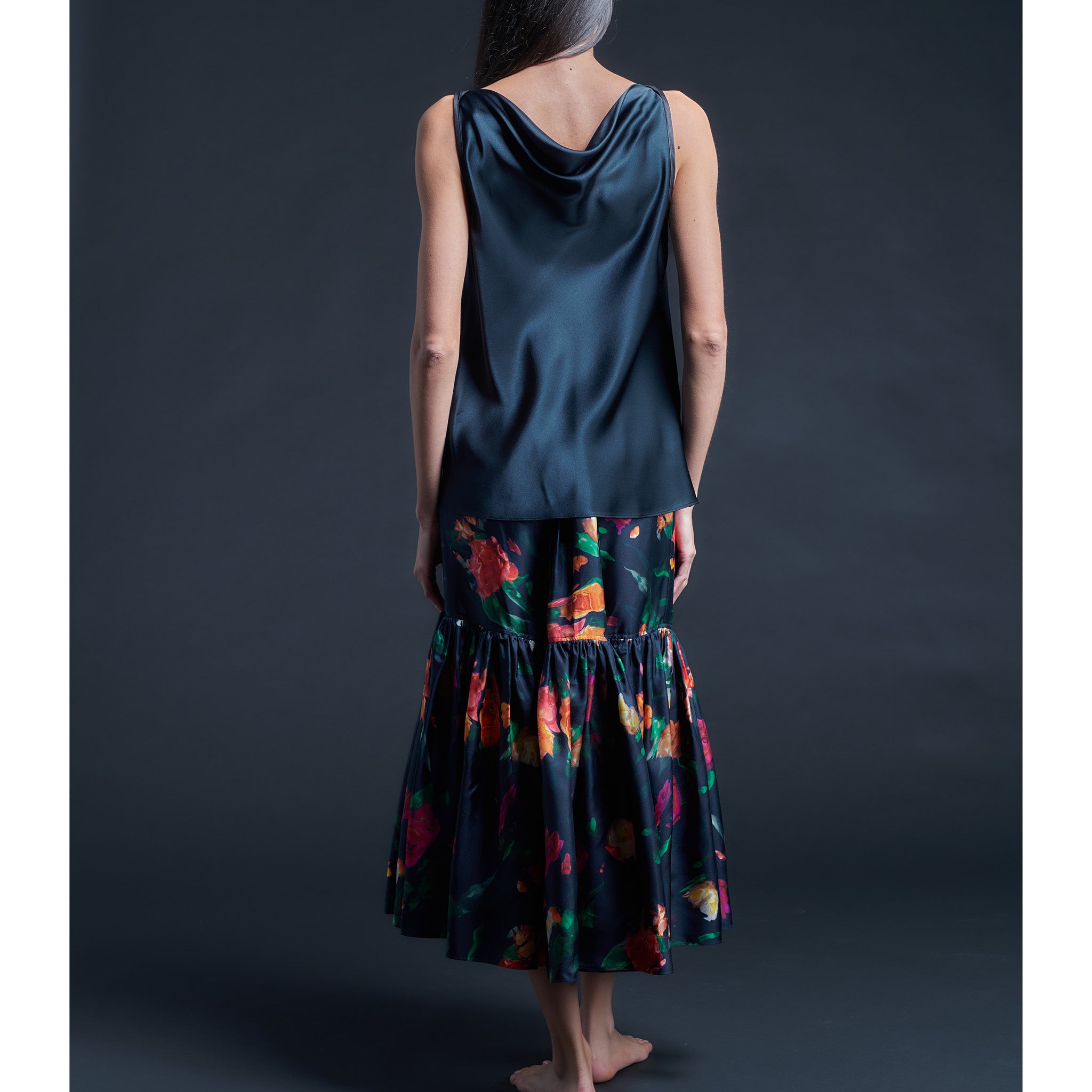 Mariana Sleeveless Solid Silk Charmeuse Shell - Sapphire/Black