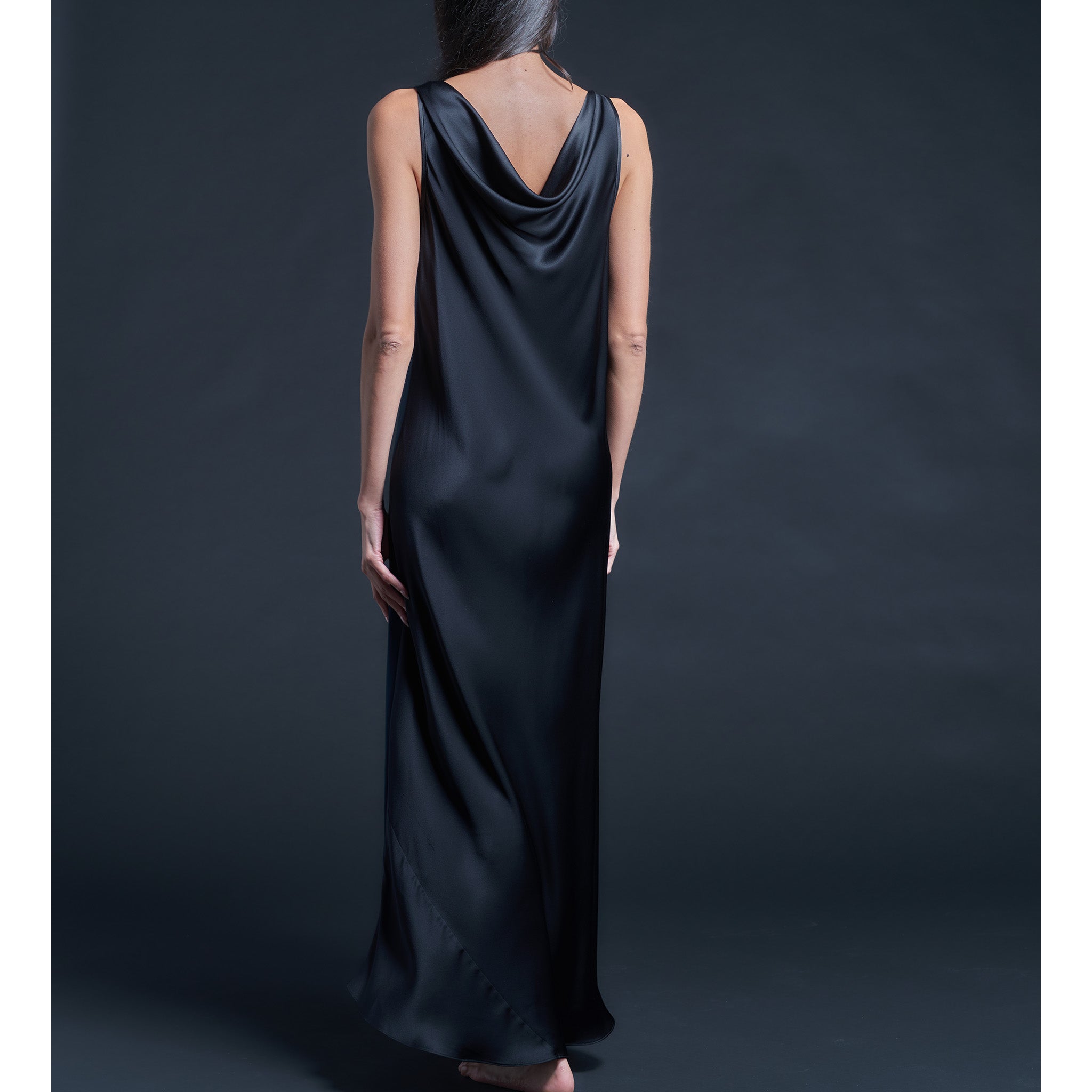 Mariana Sleeveless Sapphire Black Silk Charmeuse Boatneck Dress
