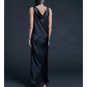 Mariana Sleeveless Sapphire Black Silk Charmeuse Boatneck Dress