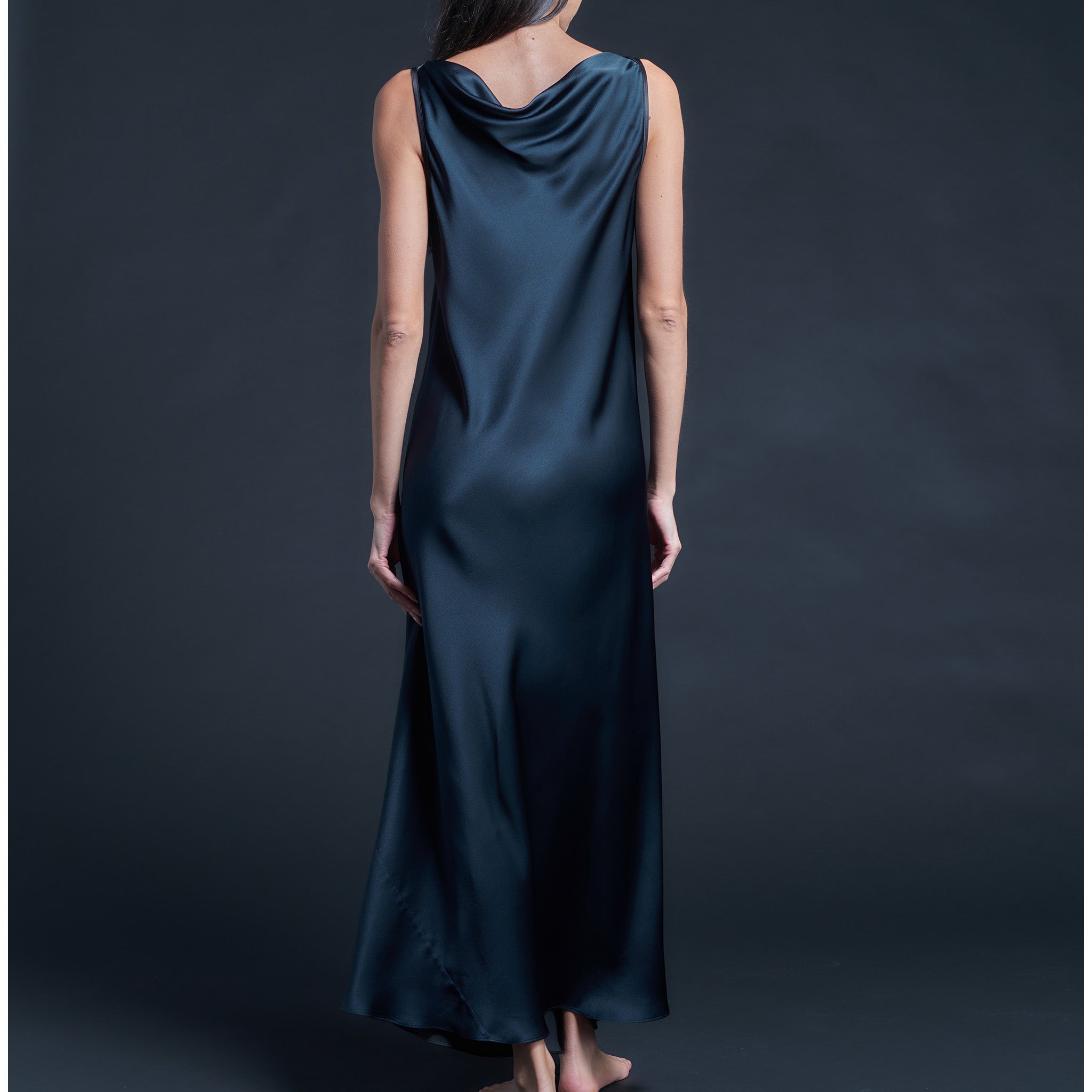 Mariana Sleeveless Sapphire Black Silk Charmeuse Boatneck Dress