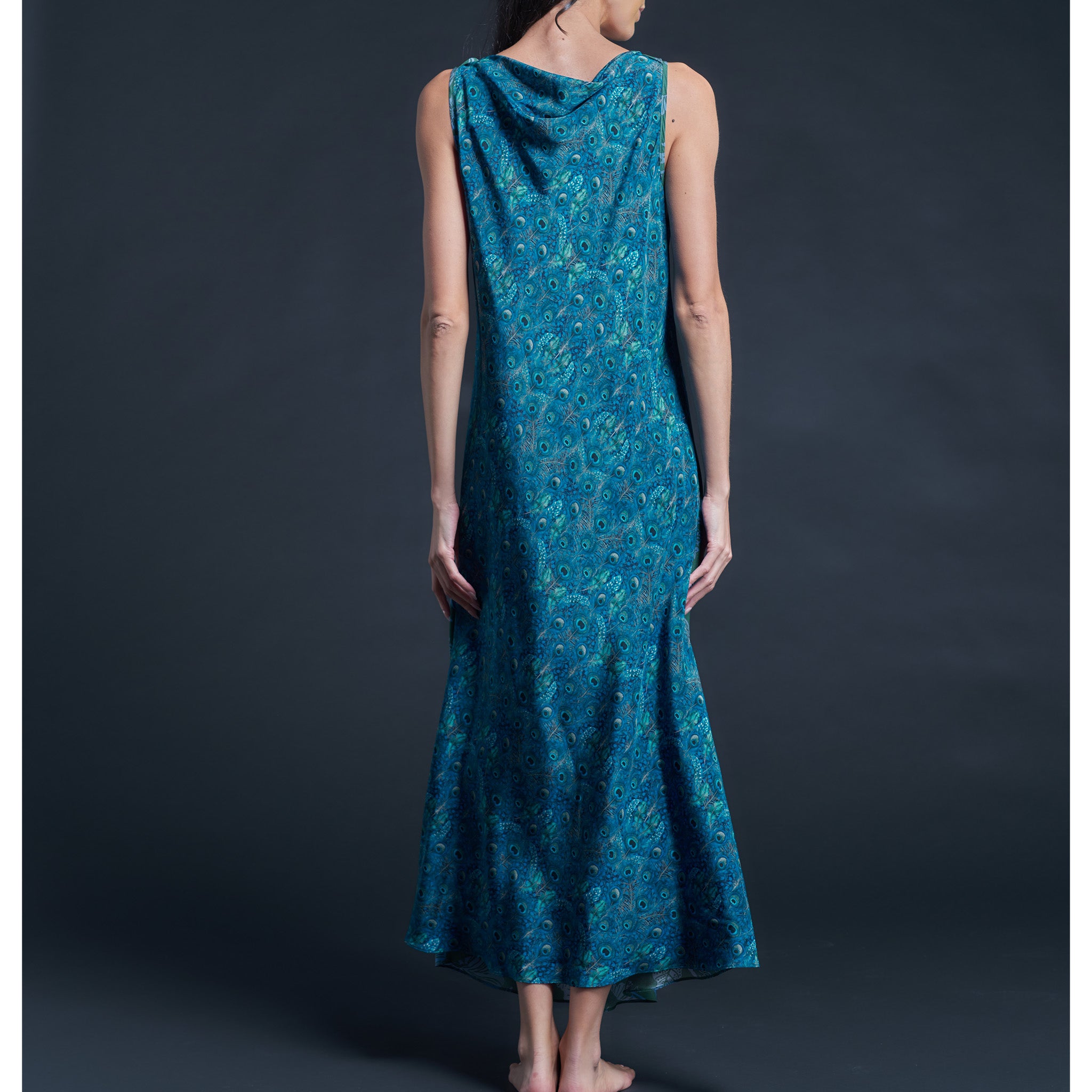 Mariana Sleeveless Blue Peacock Liberty Print Silk Crepe de Chine Boatneck Dress