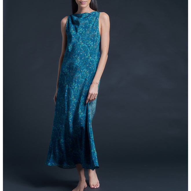 Mariana Sleeveless Blue Peacock Liberty Print Silk Crepe de Chine Boatneck Dress