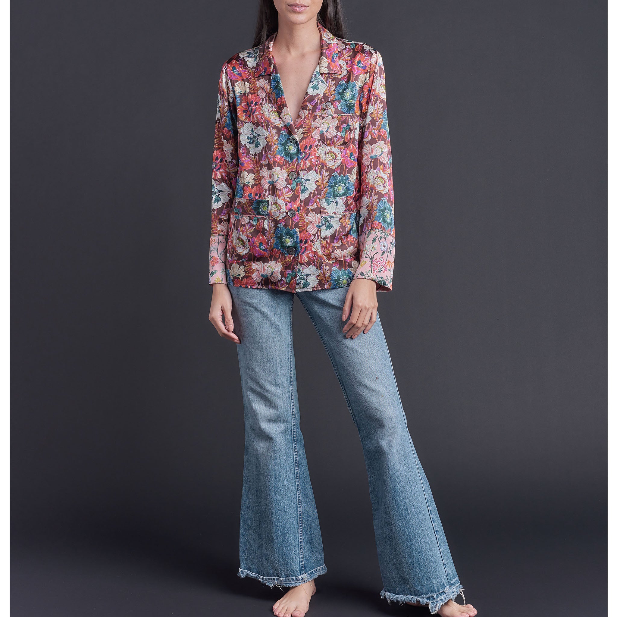 Annabel Pajama Top in Poppy Liberty Print Silk Charmeuse