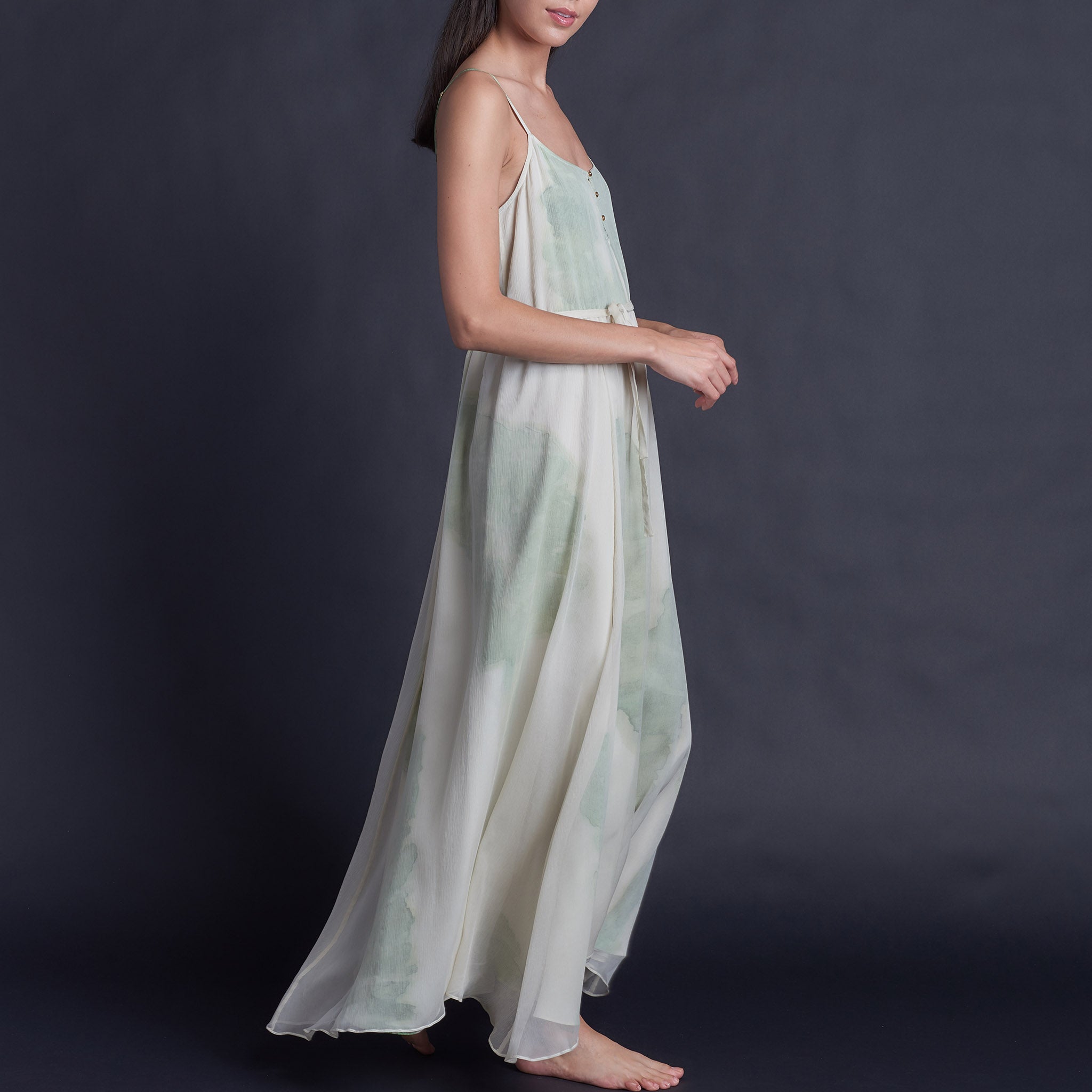 One of a Kind Antheia Slip Dress in Hand Painted Silk Crepe de Chine