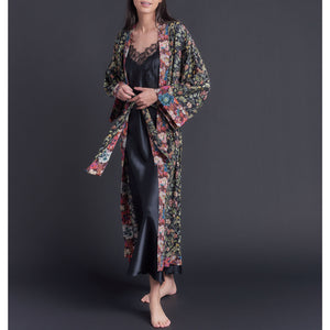 Asteria Kimono Robe in Liberty of London Black Lockwood Print Silk Crepe De Chine