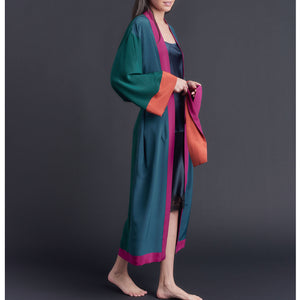 Asteria Kimono Robe in Silk Crepe De Chine Colorblock Tourmaline