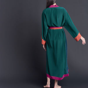 Asteria Kimono Robe in Silk Crepe De Chine Colorblock Tourmaline