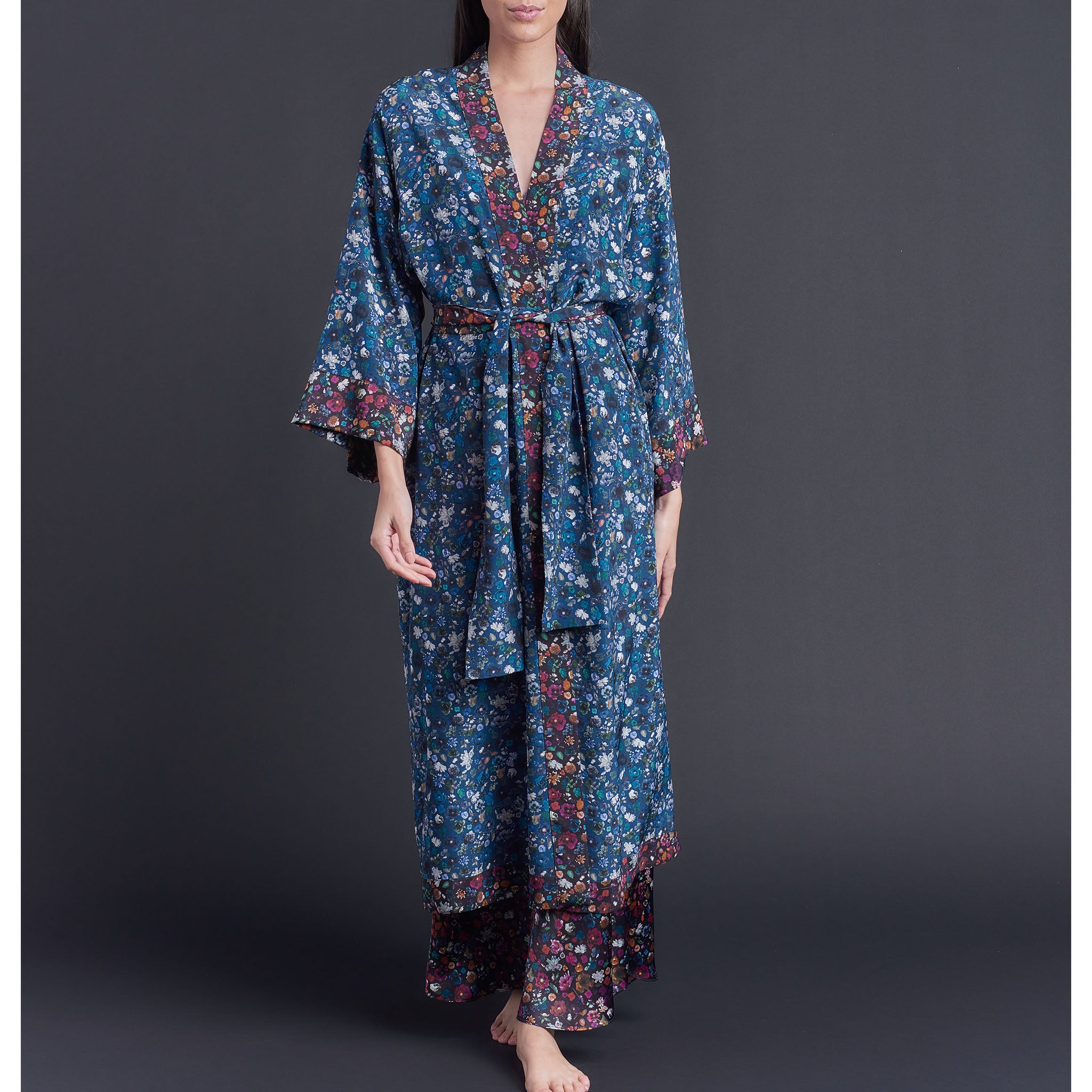 Asteria Kimono Robe in Blue Floral Edit Liberty of London Print Silk Crepe De Chine