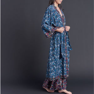 Asteria Kimono Robe in Blue Floral Edit Liberty of London Print Silk Crepe De Chine