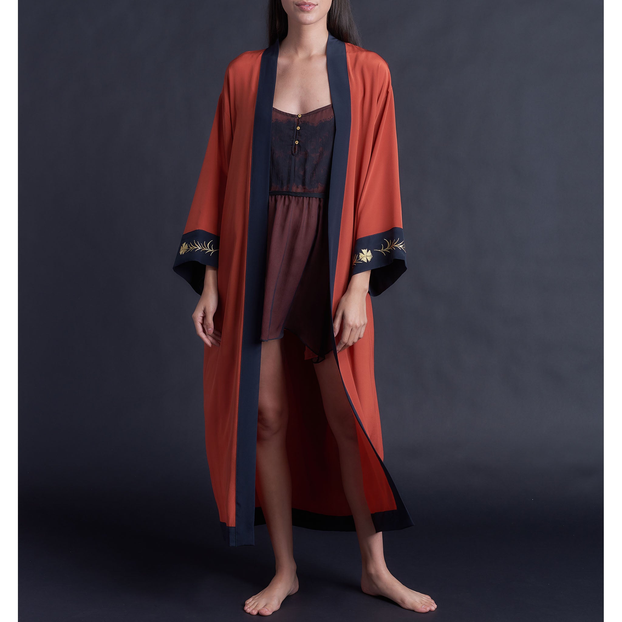 Asteria Robe in Special Edition Embroidered Cinnabar Crepe de Chine