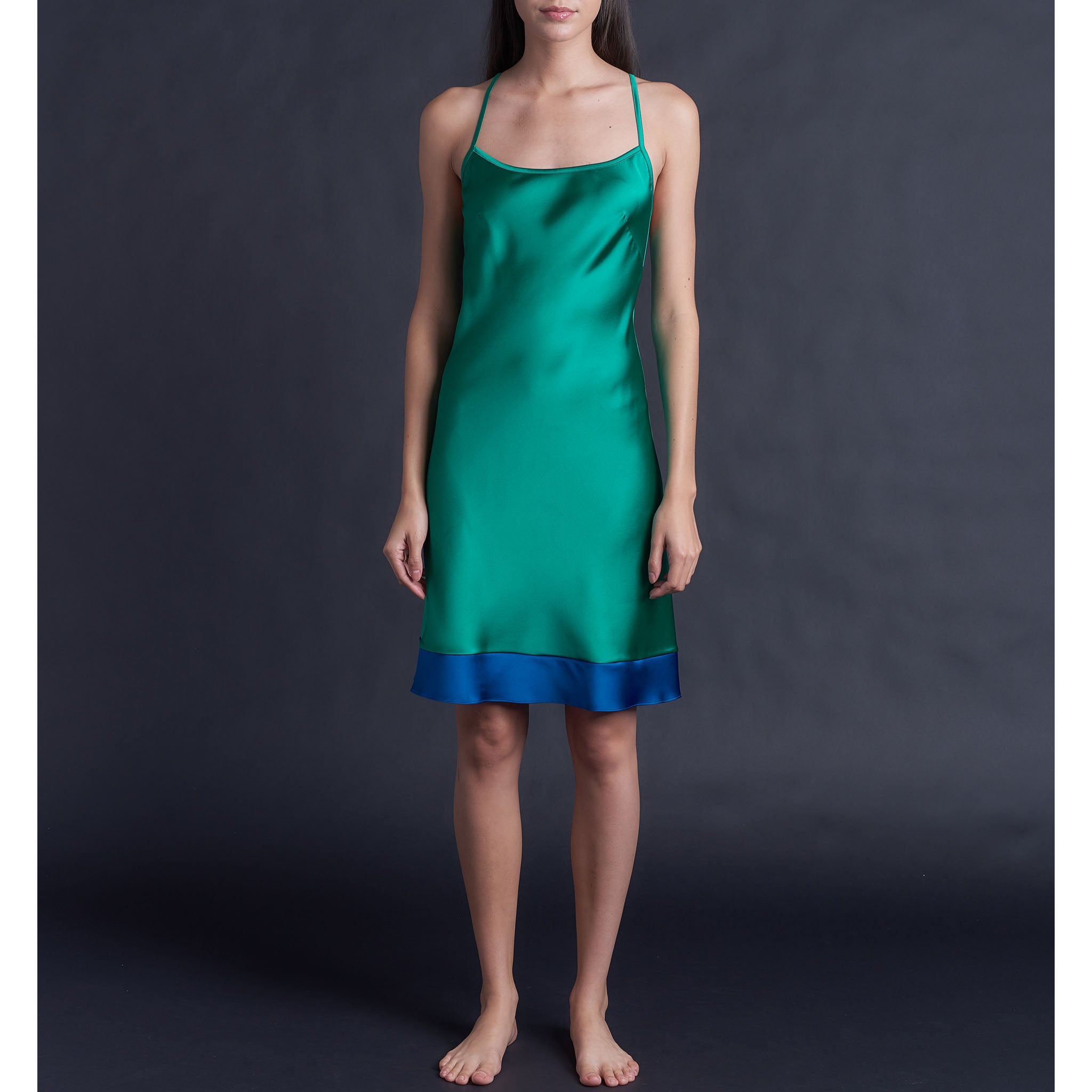 Athena Mid Length Slip Dress in Color Block Emerald & Tanzanite Silk Charmeuse