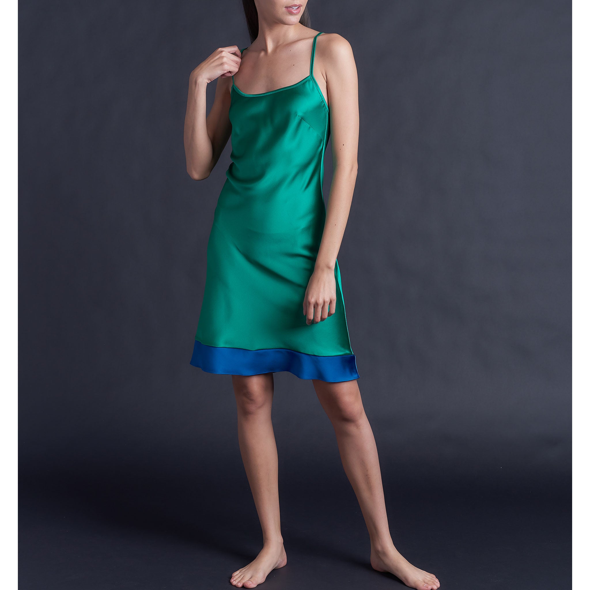 Athena Mid Length Slip Dress in Color Block Emerald & Tanzanite Silk Charmeuse