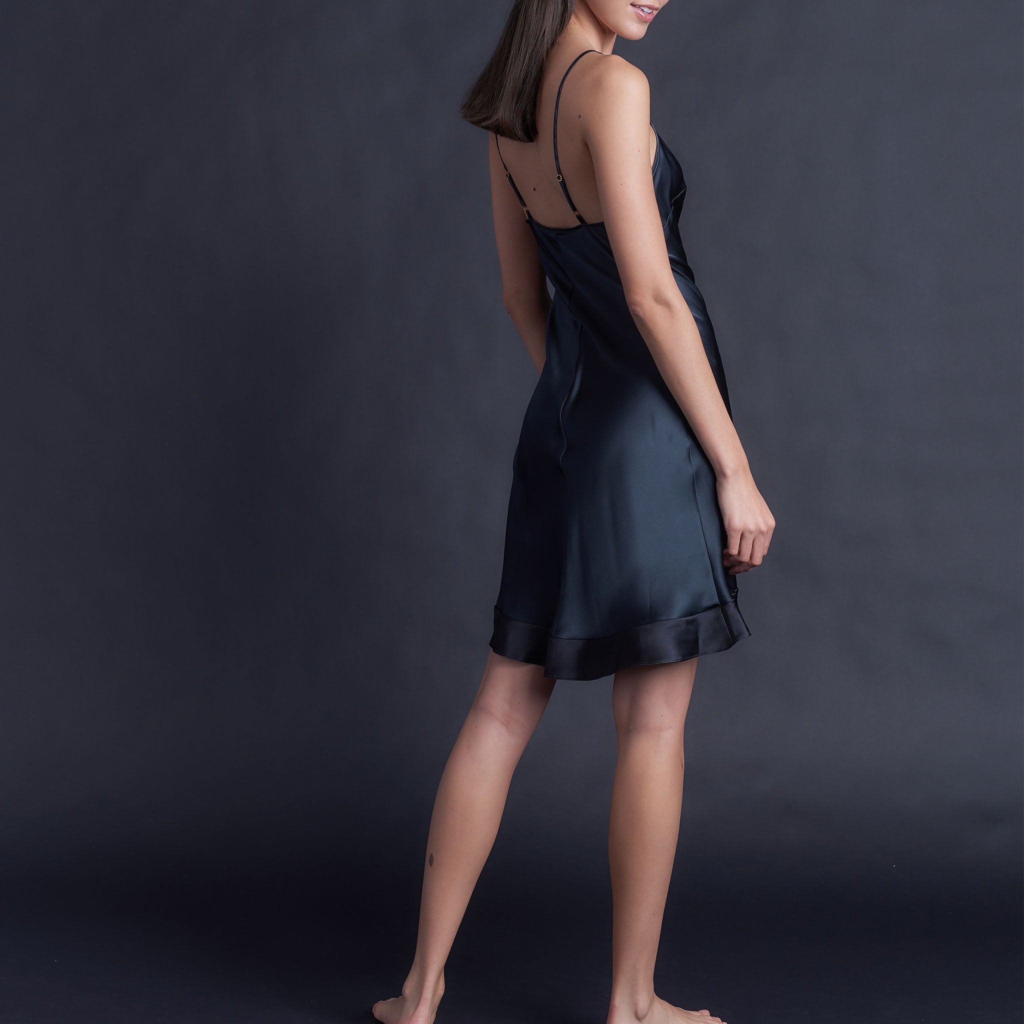 Athena Mid Length Slip Dress in Color Block Black and Sapphire Silk Charmeuse